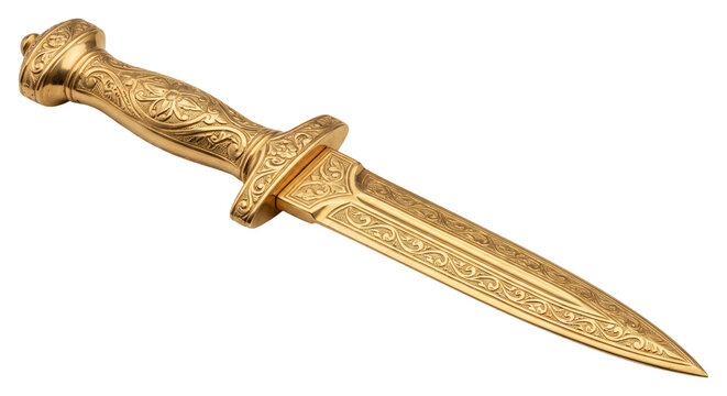 Ornate engraved double-edged dagger with carved handle