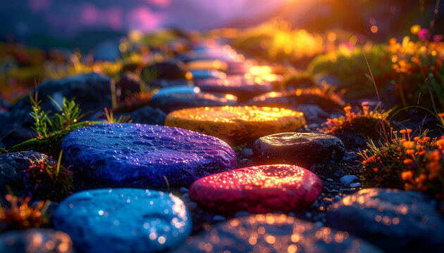 Vibrant fantasy landscape with colorful glowing stepping stones covered in morning dew. Magical garden path illuminated by warm sunset light, sparkling water drops, and dreamy bokeh background.