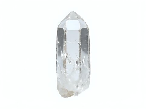 Clear quartz crystal point with natural inclusions and striations, isolated on white background for mineral, gemstone, and wellness product applications
