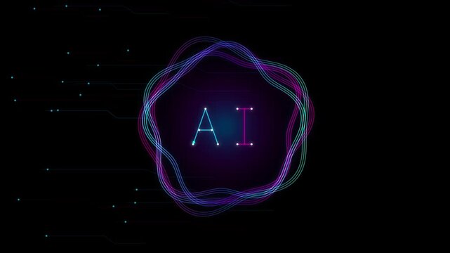 Abstract futuristic AI artificial intelligence typography with glowing wavy neon rings and circuit board pattern motion graphics seamless loop animated background