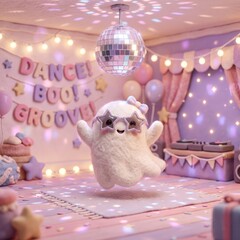 Naklejka premium A cute baby ghost with star shaped glasses dances in a festive Halloween disco room. Concept Halloween, children, festive, celebration, creative marketing, entertainment. Generative AI.