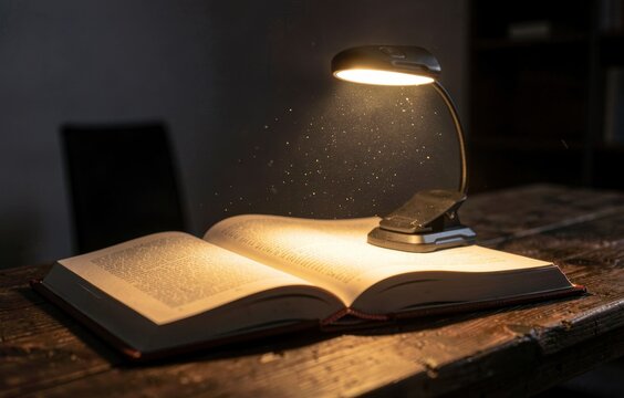 Small LED desk lamp illuminating an open book at night