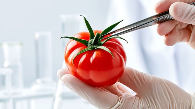 Biotechnology research concept featuring scientist hands examining fresh red tomato with tweezers in laboratory