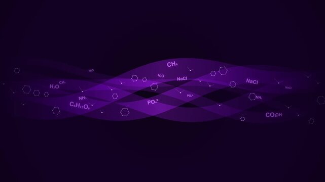 Abstract purple wavy motion background with chemical formulas and molecules