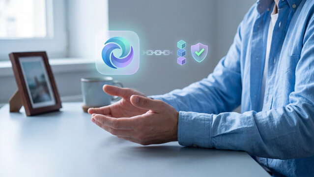 Digital asset verification concept with man holding hologram of app icon linked by chain to blockchain cubes and shield for content authenticity, copyright protection and secure ownership