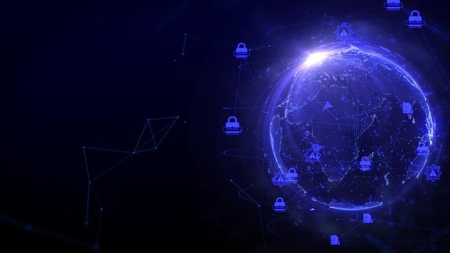 Technology Network Data Connection Background with Multiple Layers of Data Points, Graphs, and Digital World Security Lock. Futuristic Global Business Communication and Data Safety Concept.