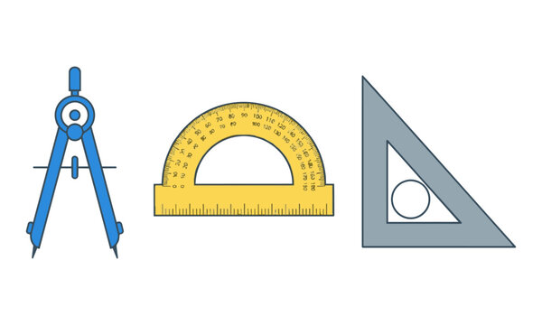 Blue drawing compass, yellow protractor, and grey triangle ruler isolated on a white background, education and geometry concept