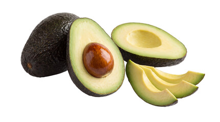 Obraz premium Fresh ripe avocado with halves and slices, organic green hass avocado fruit, healthy vegan food ingredients for cooking isolated PNG with Transparent Background