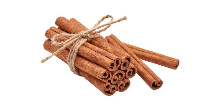 Aromatic cinnamon sticks tied with jute twine, organic brown spice bundle for baking, natural culinary seasoning ingredients isolated PNG with Transparent Background