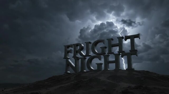 Fright Night Giant 3D Hilltop Typography with Thunderstorm and Lightning Strike on Dark Stormy Sky for Halloween Horror Movie Intro