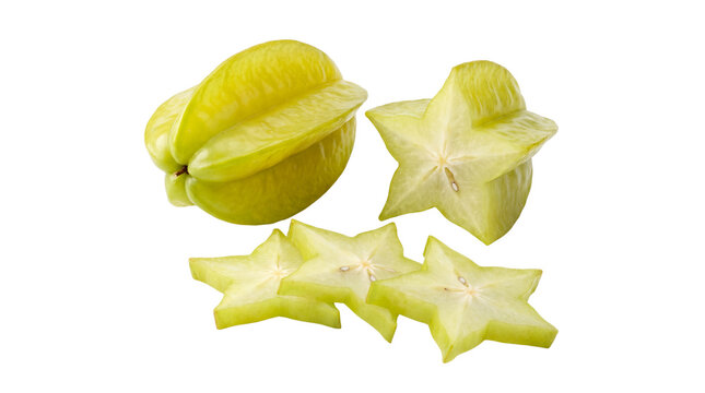 Fresh carambola star fruit, whole and sliced green starfruit pieces, tropical exotic fruit for healthy diet and nutrition isolated PNG with Transparent Background