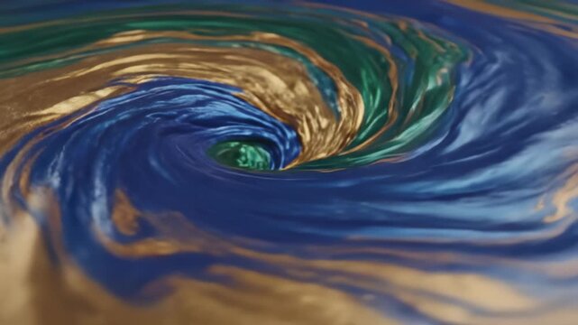 Abstract swirling vortex with blue, green, and gold liquid paint. Fluid motion and marbled effect.