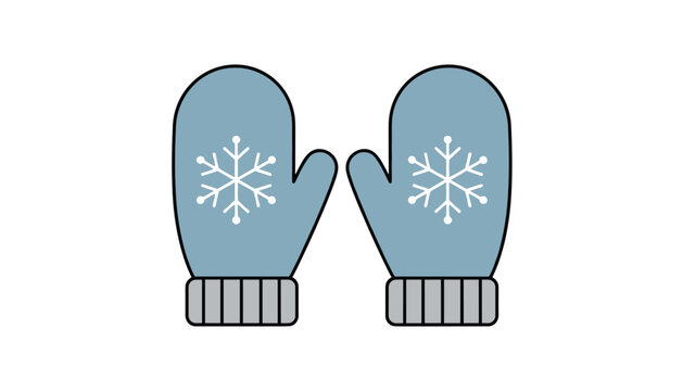 Pair of cozy warm blue winter mittens decorated with white snowflakes isolated on a plain white background.