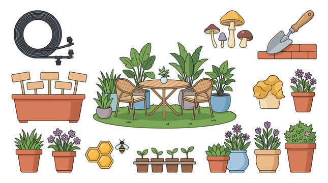 Garden illustration with plants furniture and tools