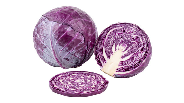 Fresh red cabbage with sliced halves, vibrant purple vegetable for healthy cooking, organic raw cabbage head isolated PNG with Transparent Background