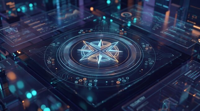 Futuristic Tech Navigation Interface Dashboard with Central Glowing Compass Emblem