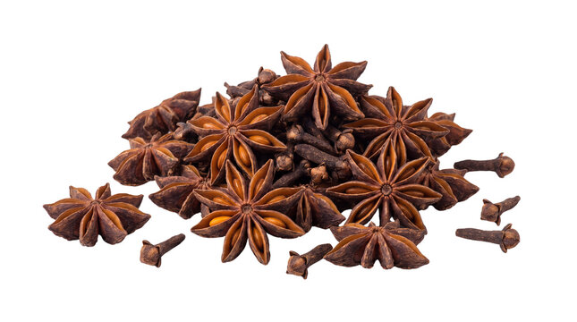 Aromatic star anise and dried cloves, pile of organic whole spices, brown culinary seasoning for cooking and baking isolated PNG with Transparent Background