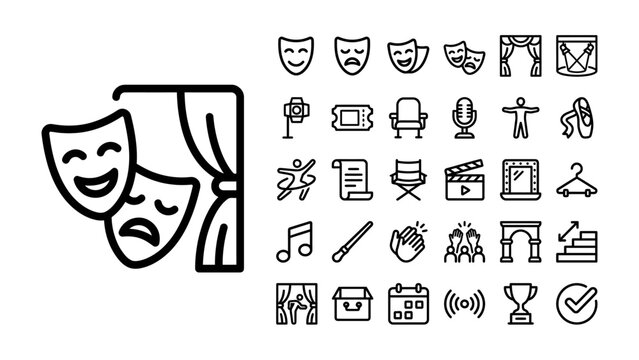 Theater and Drama Icons: A collection of linear icons representing various elements of theater and drama, including masks, stage, tickets, and musical notes.