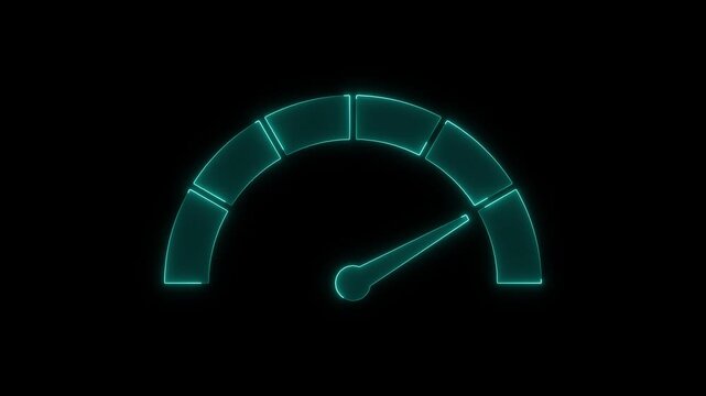 Neon digital speedometer gauge indicator flickering with cyan glow on black background showing high performance motion.