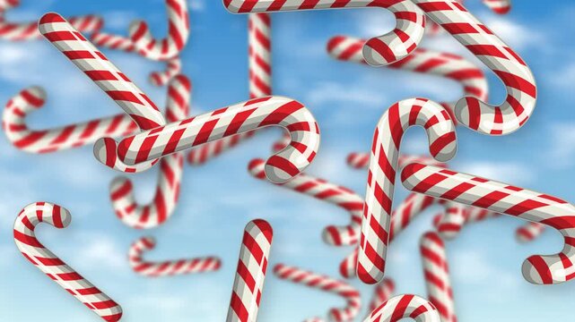 Red and White Candy Canes Falling Against a Blue Sky Background