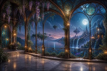 Obraz premium Enchanted moonlit fantasy terrace overlooking lake and waterfalls