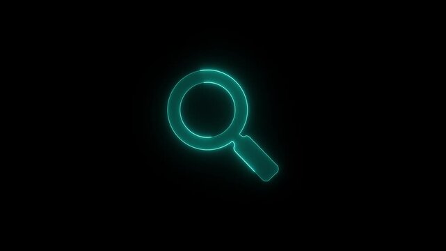 Neon search icon glowing on black background, animation and digital concept.