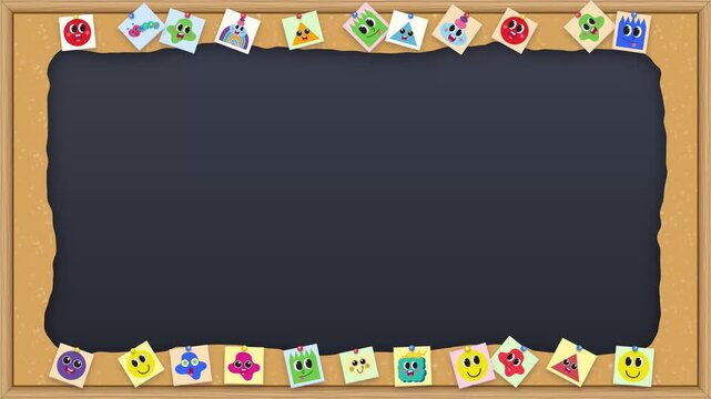 Animated Corkboard Frame Border with Colorful Sticky Notes and Chalkboard Copy Space