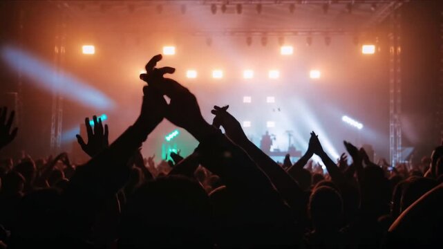 Silhouette of Crowd Cheering with Hands Up at Music Concert Stage