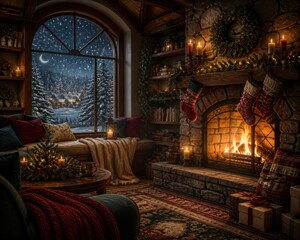 Obraz premium Cozy Christmas cabin interior with fireplace and snowy window