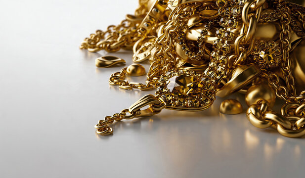 Tangled pile of broken gold jewelry chains and gemstone pendants on white background.