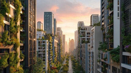 Fototapeta premium Modern Cityscape with Green Vertical Gardens at Sunrise