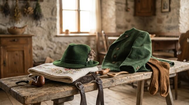 Traditional Bavarian costume with green felt hat and wool jacket on rustic wooden table. Old farmhouse interior with embroidered shirt, leather suspenders and smoking pipe.