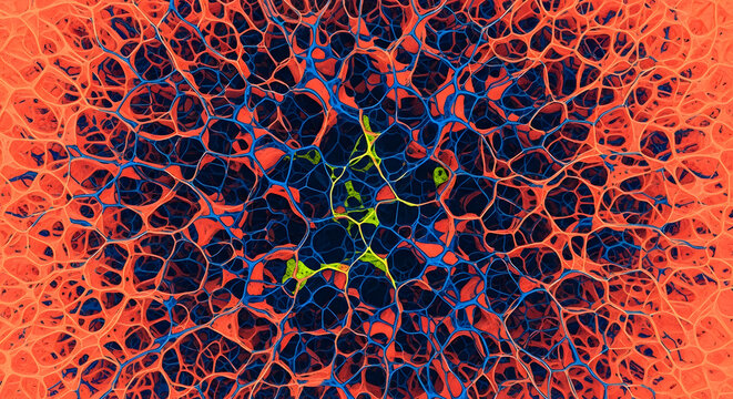 Abstract cellular network with vibrant red and blue fibers representing complex neural connections and microscopic biological structures