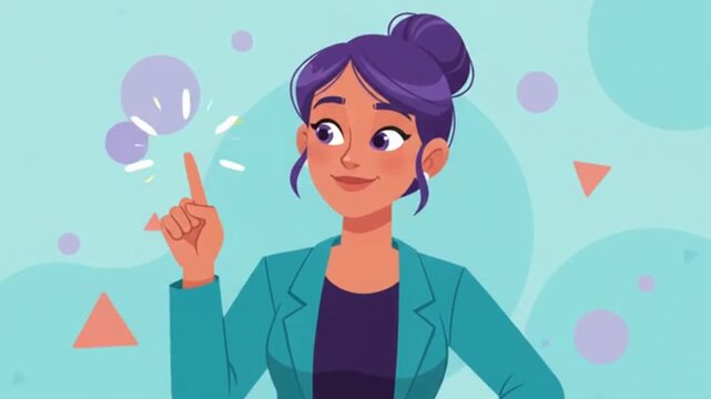 Young businesswoman having a brilliant idea like a clear blue sky, pointing up with inspiration and creativity in a flat vector style cartoon