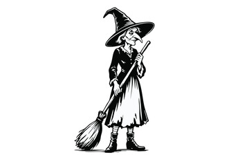 Obraz premium Black and White Old Witch with Pointed Hat and Broomstick Cartoon Illustration