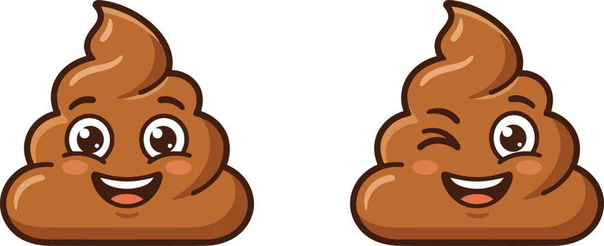 Two cute brown poop emoji characters with happy facial expressions isolated on white background