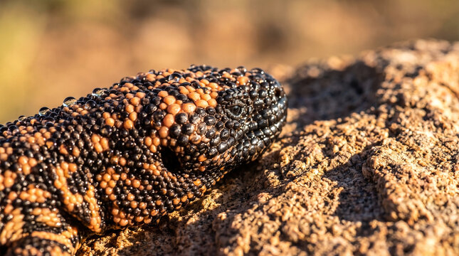 Macro close up of a Gila monster lizard with black and orange beaded scales resting on a desert rock