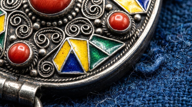 Macro close up of antique silver traditional jewelry with red coral stones and colorful enamel geometric patterns