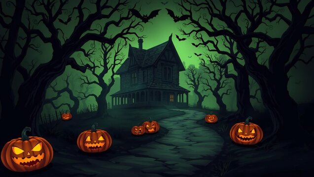 Spooky halloween landscape with jack-o-lantern pumpkins in a dark haunted forest at night with a silhouette of an old house in the background