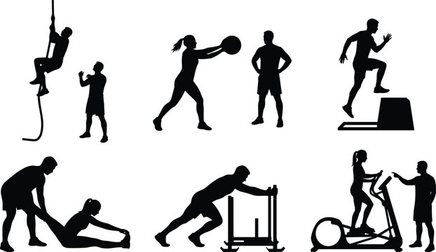 Fitness training silhouettes featuring rope climbing, medicine ball exercise, step ups, stretching, sled pushing and cardio training