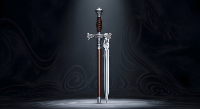 Elegant medieval knight sword with ornate scabbard under spotlight 1038 20260328 175552 696