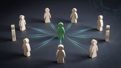 Obraz premium Concept of team leadership with a green wooden figure connected to other figures in a network structure