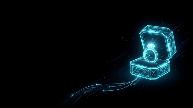 Futuristic diamond ring in jewelry box, glowing blue wireframe hologram of engagement ring, digital technology concept for virtual luxury