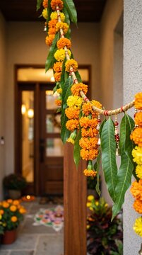 Tagetes erecta marigold flower and mango leaf bandhanwar toran hanging garland decoration for Bhai Dooj festival entrance doorway