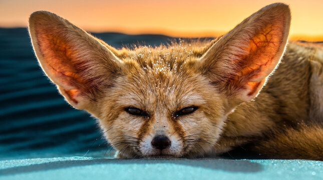 Close up portrait of a cute fennec fox resting on desert sand with large ears under sunset lighting