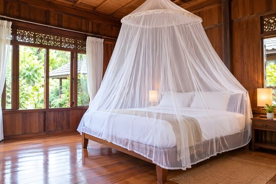 Traditional Thai style wooden bedroom with white bed canopy mosquito net and warm ambient lighting