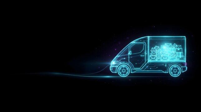 Futuristic delivery van hologram with glowing blue wireframe, digital cargo truck carrying packages, smart logistics and high-tech transport concept