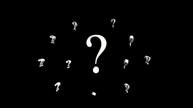 Question mark animation pop up icons for confusion and inquiry, white symbols on black background, flat and 3d motion graphic, chroma key, transparent alpha channel, 4k animation video