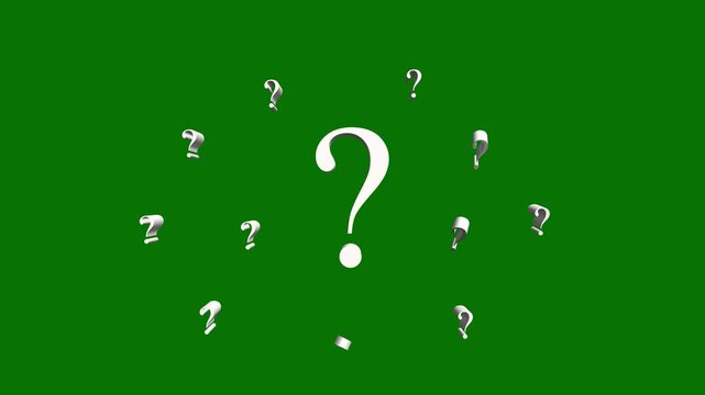 Question mark animation pop up icons for confusion and inquiry, white symbols on green background, flat and 3d motion graphic, chroma key, transparent alpha channel, 4k animation video