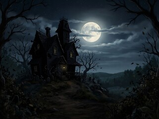 Fototapeta premium Old spooky haunted house with graveyard on a full moon halloween night.